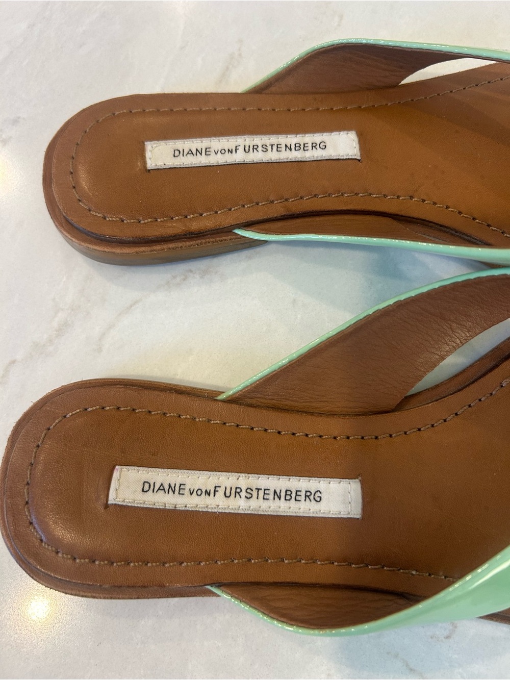 Diane Von Furstenberg Mint Patent Leather Thong Sandals with Heart Accent - Picture 6 of 10